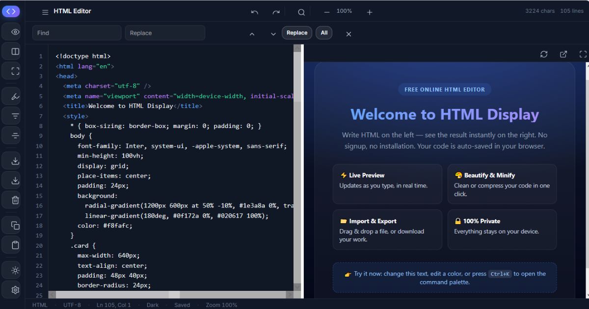 free online html editor with live preview - HTML Display interface