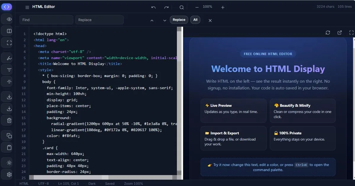 free online html editor with live preview - HTML Display interface