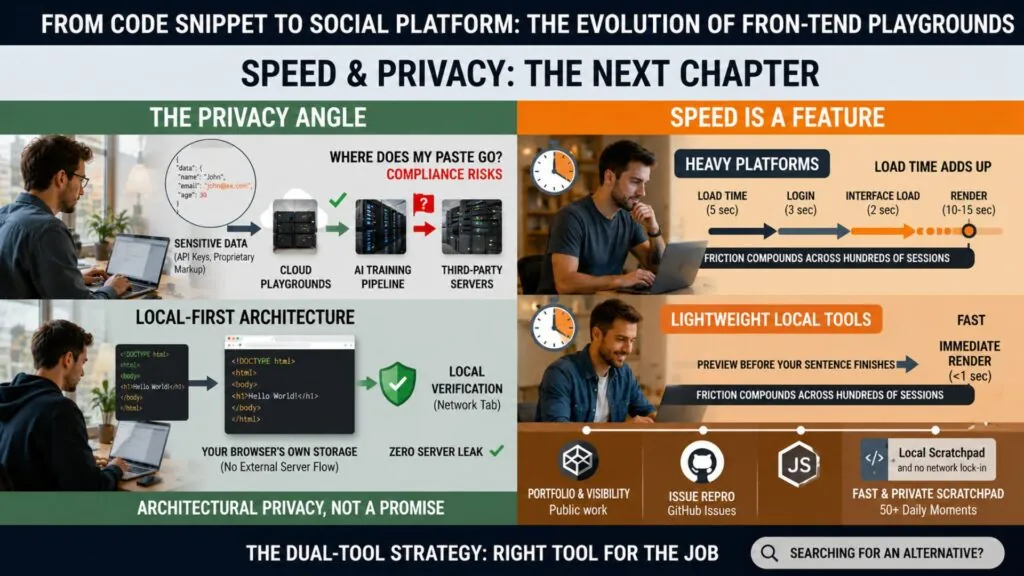 Privacy of cloud code playgrounds compared with a local-first CodePen alternative