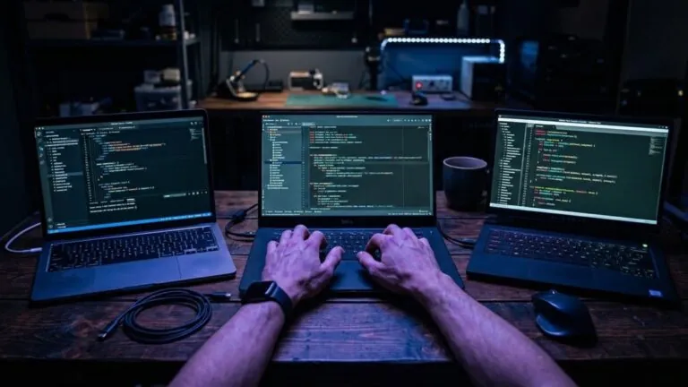 Three laptops comparing CodePen, JSFiddle and HTML Display online code editors side by side