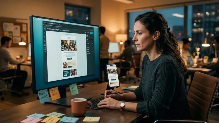 Marketer testing an HTML email template on desktop and mobile screens showing different rendering