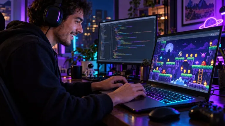 Developer playtesting a browser game built with HTML and JavaScript on a laptop beside its source code