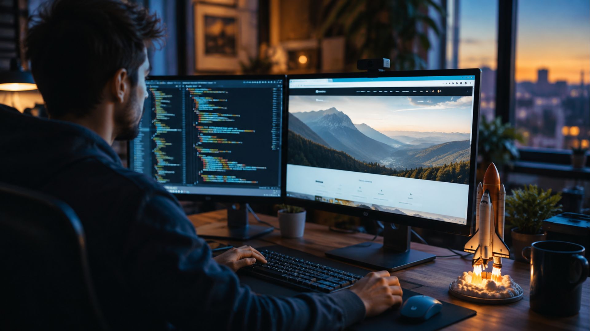 Young developer uploading a simple HTML website to a hosting server on dual monitors