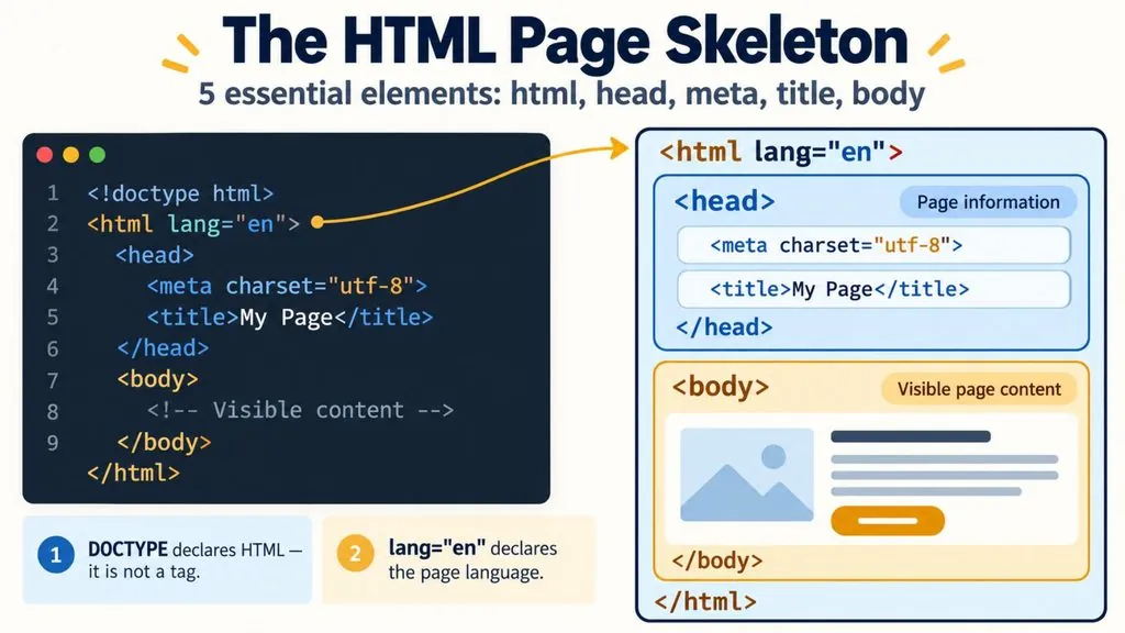 HTML basics: the skeleton of an HTML document with html, head and body tags