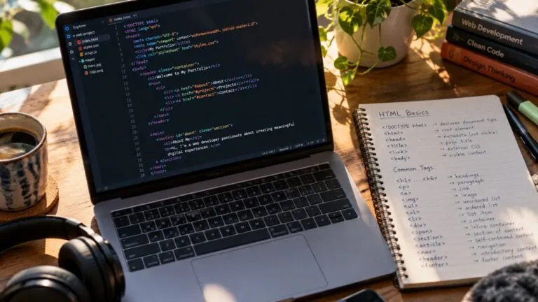 Student learning HTML basics with code editor on laptop and handwritten notes of essential HTML tags