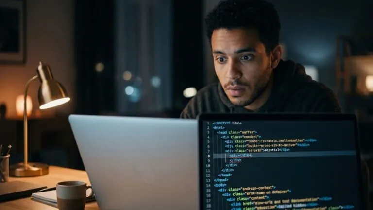 Laptop screen highlighting a common HTML coding mistake in colorful syntax while a beginner developer reviews it