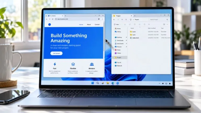 Laptop showing an index.html file being opened and rendered in a web browser on a clean desk
