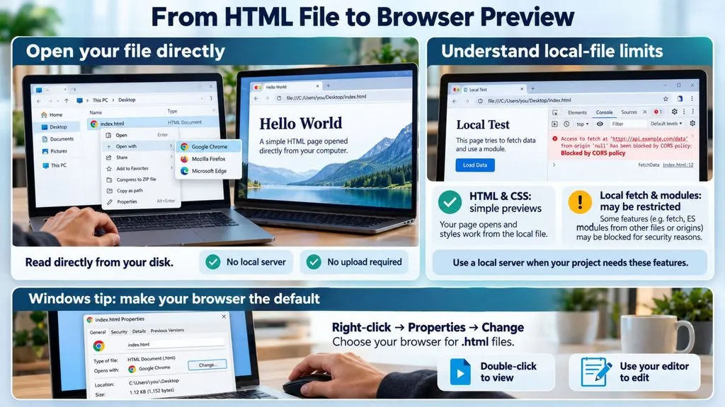 How to run HTML file in a browser by double-clicking it, with the file:/// path and Windows default browser settings