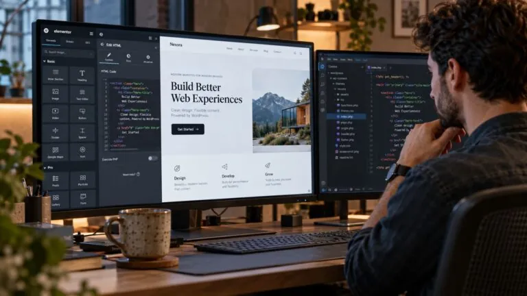 Web designer embedding custom HTML code into a WordPress page using a page builder widget